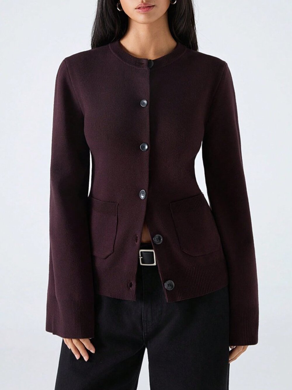 Mocha Brown Casual Women's Slim Patchwork Button-Up Cardigan Sweater